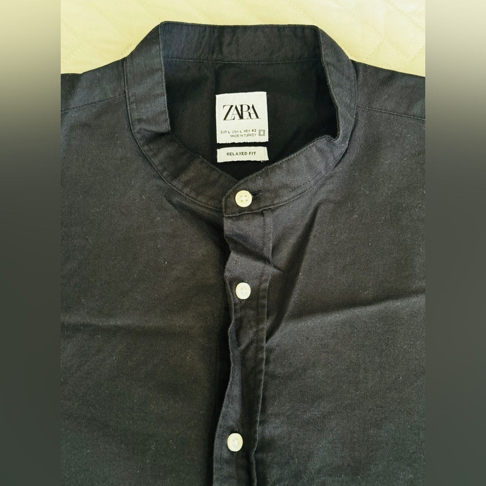Zara Man Mandarin Collar Button Down Shirt Black Size L Used Great Condition! - Picture 7 of 11